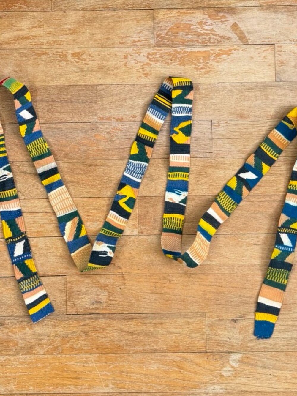 Vintage Canvas Fabric Belt / Neck Scarf Blue Gold Green Tribal Print 80 x1.25 in